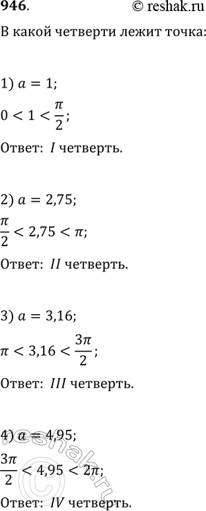 Изображение 946. Определить четверть, в которой расположена точка, полученная поворотом точки Р( 1; 0) на угол:1) 1; 2) 2,75; 3) 3,16; 4)...