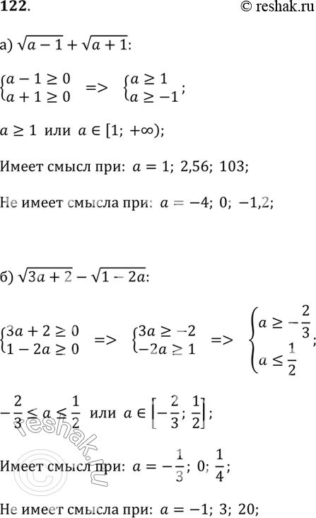 Изображение 122. Определите, при каких значениях а данное выражение имеет смысл. Укажите по три значения переменной а, при которых данное выражение имеет смысл и при которых оно не...