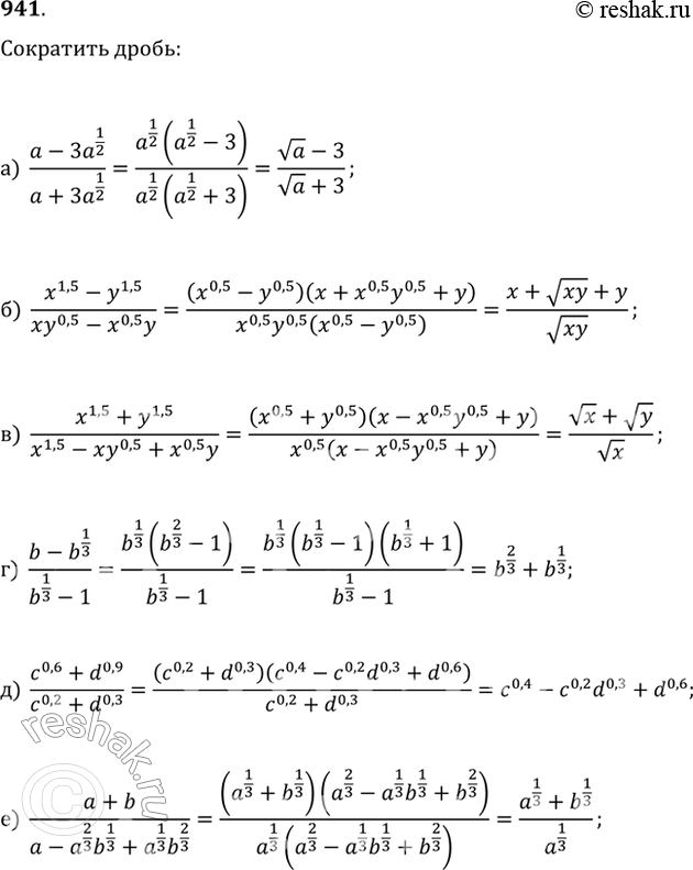 Изображение 941. Сократите дробь:а) (a-3a^(1/2))/(a+3a^(1/2));б) (x^1,5-y^1,5)/(xy^0,5-x^0,5y);в) (x^1,5+y^1,5)/(x^1,5-xy^0,5+x^0,5y);г) (b-b^(1/3))/(b^(1/3)-1);д)...