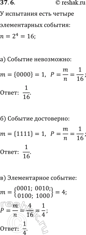 Изображение 37.6. У испытания 4 элементарных события (исхода испытания). При проведении испытания возможны, соответственно, 2^4=16 случайных событий. Наудачу выбирают одно из них....