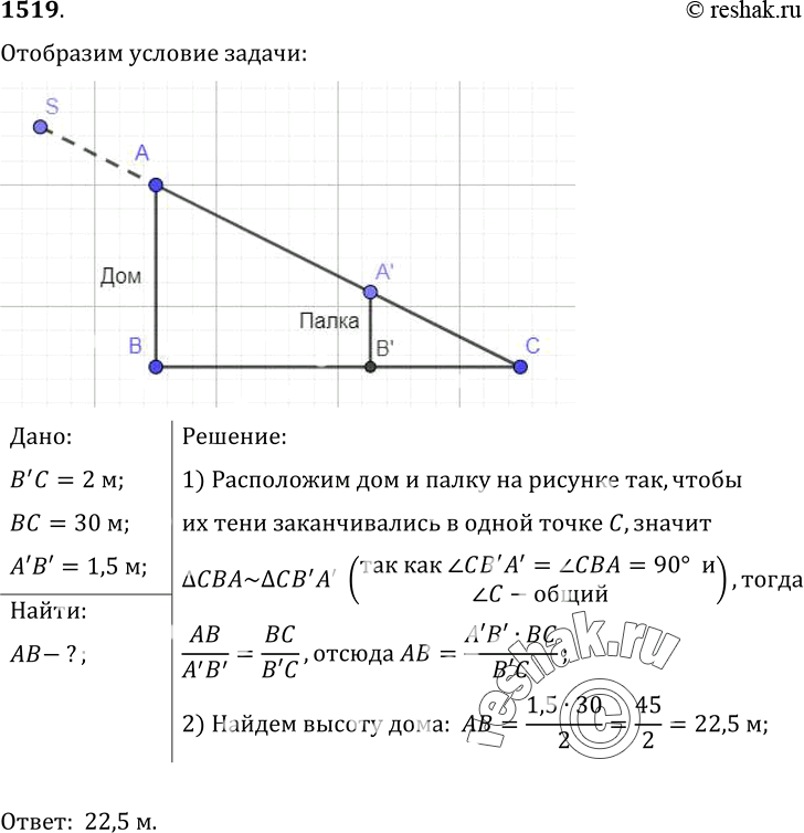 Изображение 1519.	В солнечный день длина тени на земле от дома равна 30 м, а от отвесно поставленной палки высотой 1, 5 м длина тени равна 2 м. Какова высота...