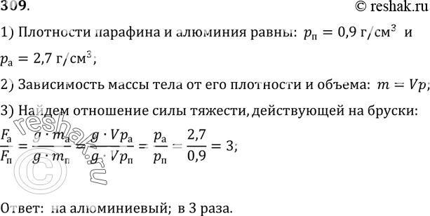 Изображение 309.	На какой из двух одинаковых по размерам брусков действует большая сила тяжести и во сколько раз (рис....