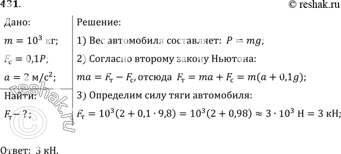Изображение 431.	На автомобиль массой 103 кг во время движения действует сила сопротивления, равная 10% от его веса. Чему должна быть равна сила тяги, развиваемая автомобилем, чтобы...