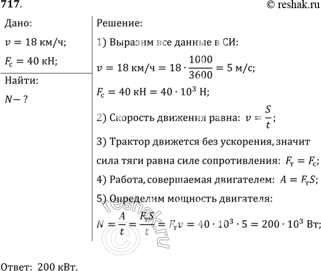 Изображение 717.	Определите мощность, развиваемую двигателем трактора, который при скорости движения 18 км/ч преодолевает силу сопротивления 40...