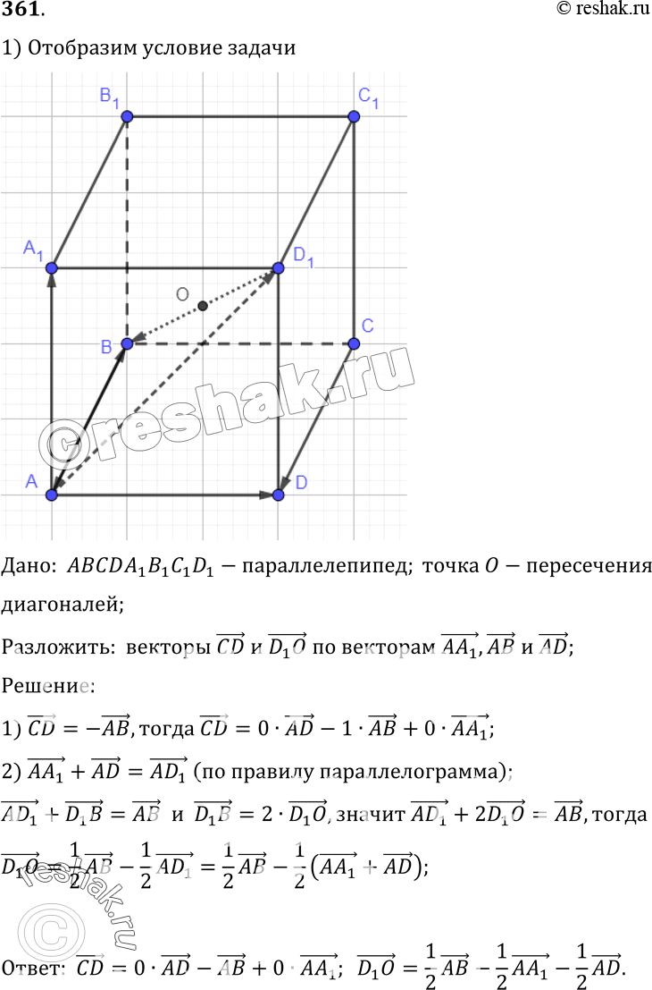Изображение 361 Диагонали параллелепипеда ABCDArBrCiDi пересекаются в точке О. Разложите векторы CD и DrO по векторам AAr, AB и...