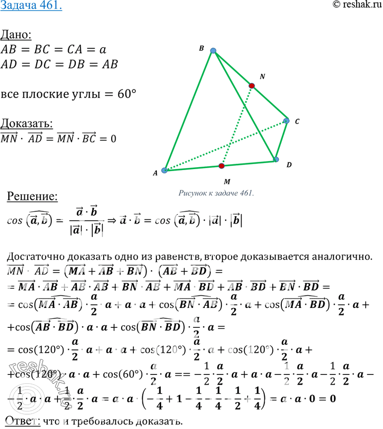 Изображение 461 Bce ребра тетраэдра ABCD равны друг другу. Точки M и N — середины ребер AD и ВС. Докажите, что MN AD = MN BC -...