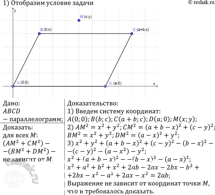 Изображение Дан параллелограмм ABCD. Докажите, что для всех точек М величина (AM2 + СМ2) - (ВМ2 + DM2) имеет одно и то же...