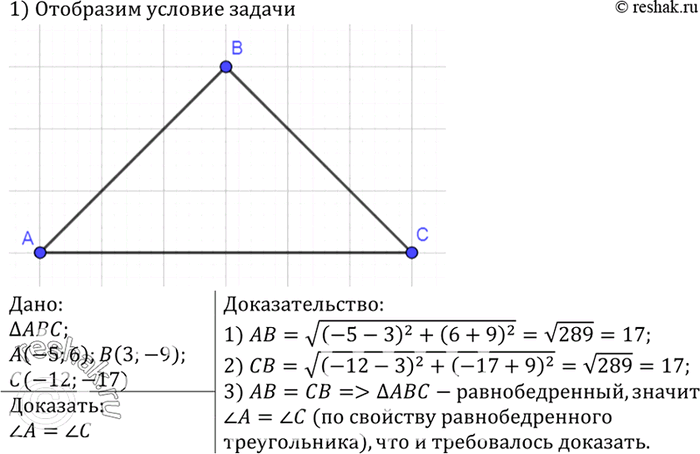 Изображение Докажите, что углы А и С треугольника ABC равны, если А (-5; 6), В (3; -9) и С (-12;...