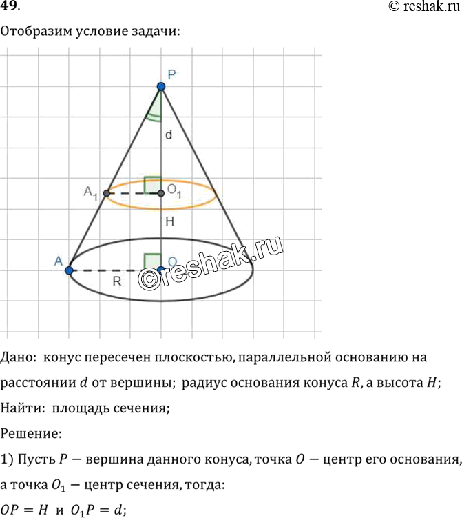 Изображение 49. Конус пересечён плоскостью, параллельной основанию, на расстоянии d от вершины. Найдите площадь сечения, если радиус основания конуса R, а высота H.Дано:  конус...