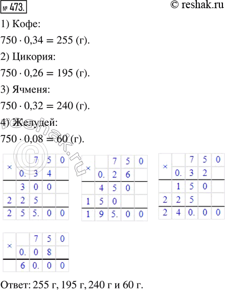 Изображение 473. Кофейный напиток содержит 34 % кофе, 26 % цикория, 32 % ячменя и 8 % желудей. Сколько граммов кофе, цикория, ячменя и желудей содержится по отдельности в 750 г...