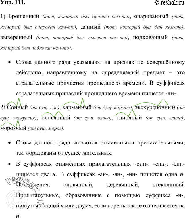 Изображение 111 Запишите и проанализируйте два ряда слов, отвечающих на вопрос какой? (каков?).Докажите, что слова первого ряда — это страдательные причастия прошедшего времени, а...
