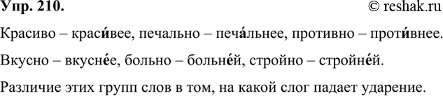 Изображение 210 Образуйте формы простой сравнительной степени наречий, обращая внимание на постановку ударения.Красиво, вкусно, печально, противно, больно, стройно.Разбейте...